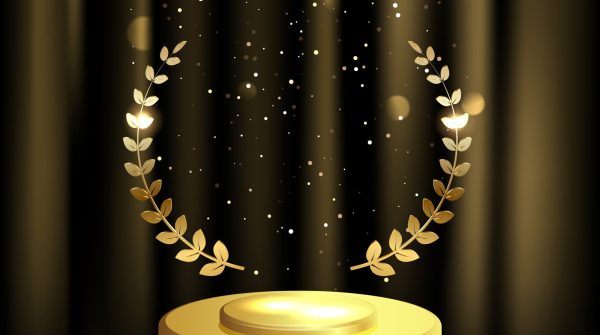 Detailed round golden laurel wreath award on velvet curtain background and stage podium. Gold ring frame logo. Victory, honor achievement, quality product, anniversary. Vector illustration
