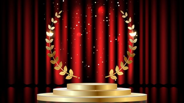 Golden laurel wreath over red round podium with steps in front of the curtains. Vector illustration
