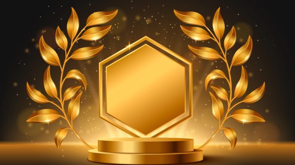 Gold award stage with laurel frame and cylinder two stairs podium. Realistic 3d vector illustration of golden goods display platform with plant branches, glowing glitter on black background.